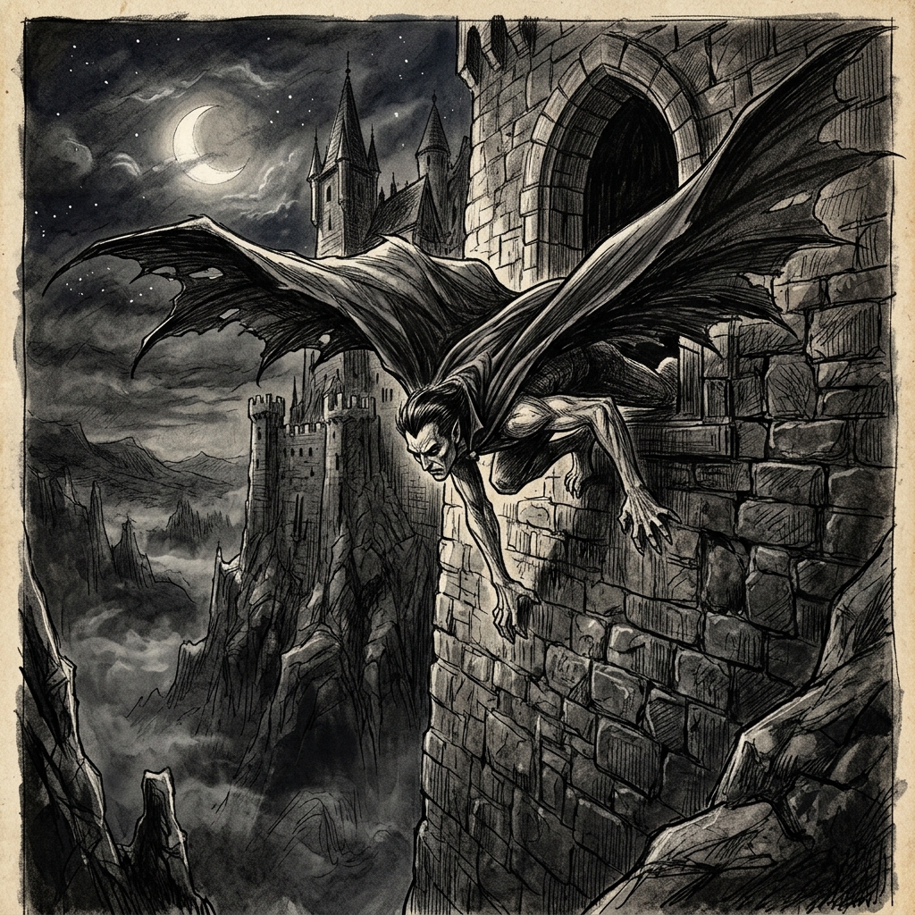 Graphite drawing of Count Dracula crawling head-first down a sheer castle wall, his cloak spread like bat wings over a dizzying drop.