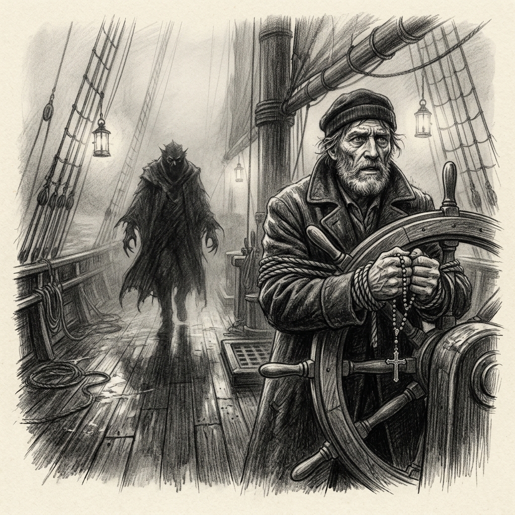 Graphite drawing of the schooner Demeter wrecked in a storm at Whitby, captain lashed to the wheel, a great hound leaping ashore below the abbey ruins.