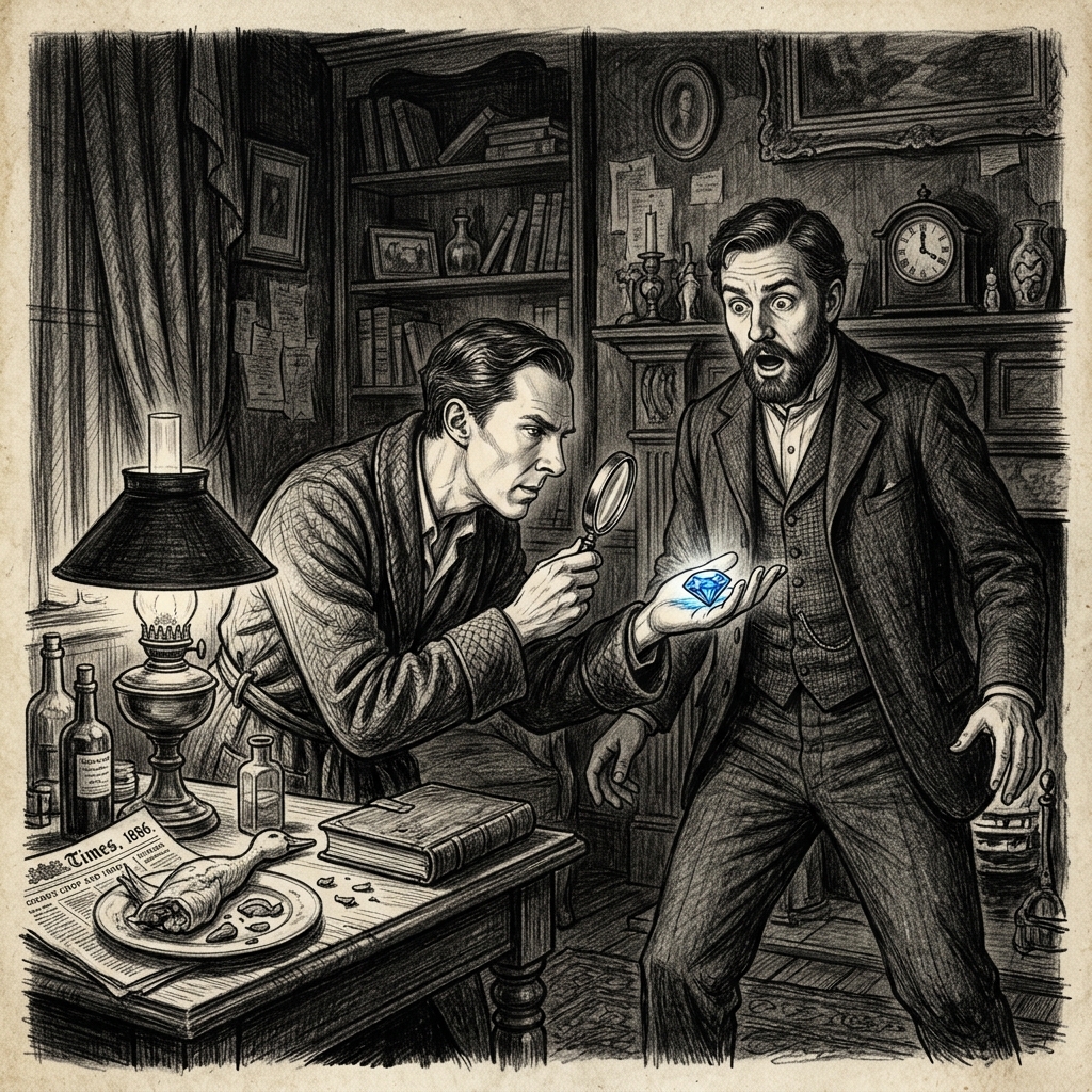 Graphite drawing of a man displaying a brilliant blue gemstone on his open palm by lamplight as Sherlock Holmes examines it.