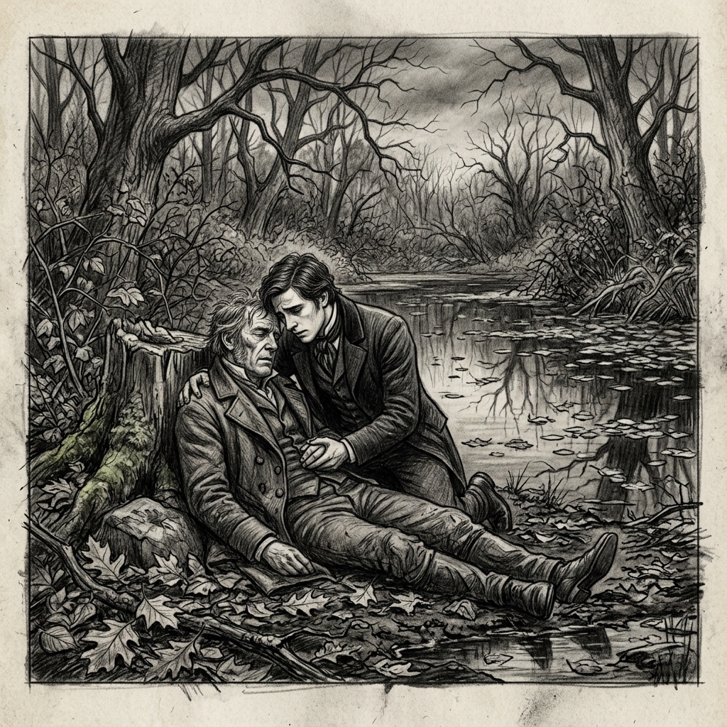 Graphite drawing of a young Victorian man kneeling at a woodland pool cradling his dying father, fallen leaves floating on the still water.