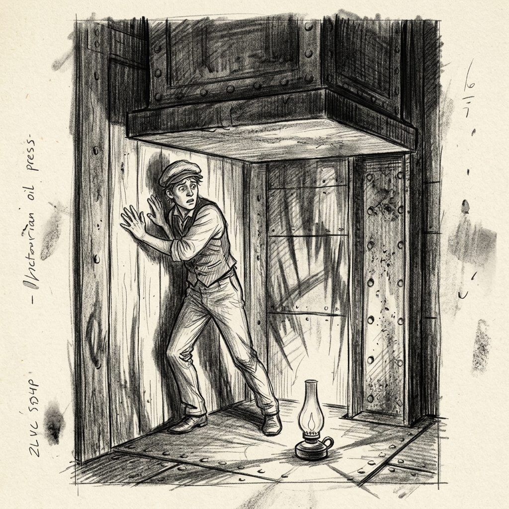 Graphite drawing of a terrified engineer pressed against a wall as the iron ceiling of a hydraulic press descends to crush him by lamplight.