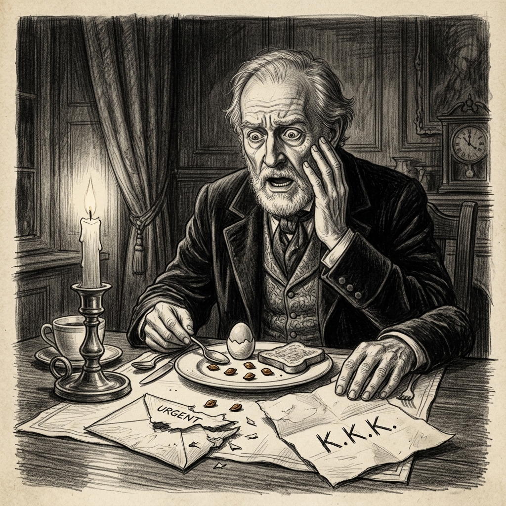 Graphite drawing of a horrified elderly gentleman at a breakfast table as five dried orange pips tumble from an envelope onto his plate by candlelight.