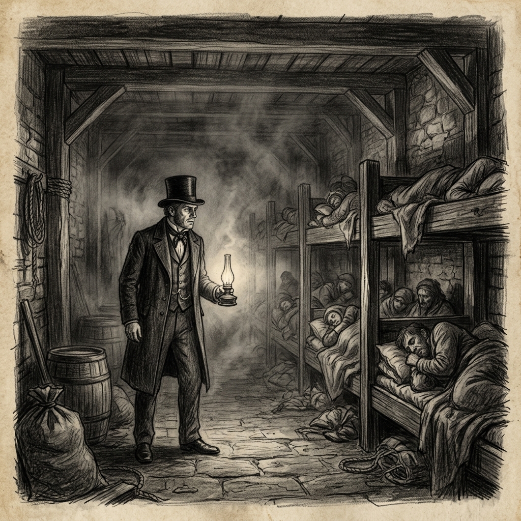 Graphite drawing of a long, low Victorian opium den thick with smoke, ragged figures in wooden berths, a man peering through the haze.