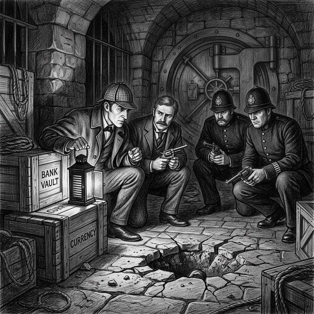 Graphite drawing of Holmes, Watson and two policemen crouched in a pitch-dark bank vault around a shuttered lantern, revolvers ready.